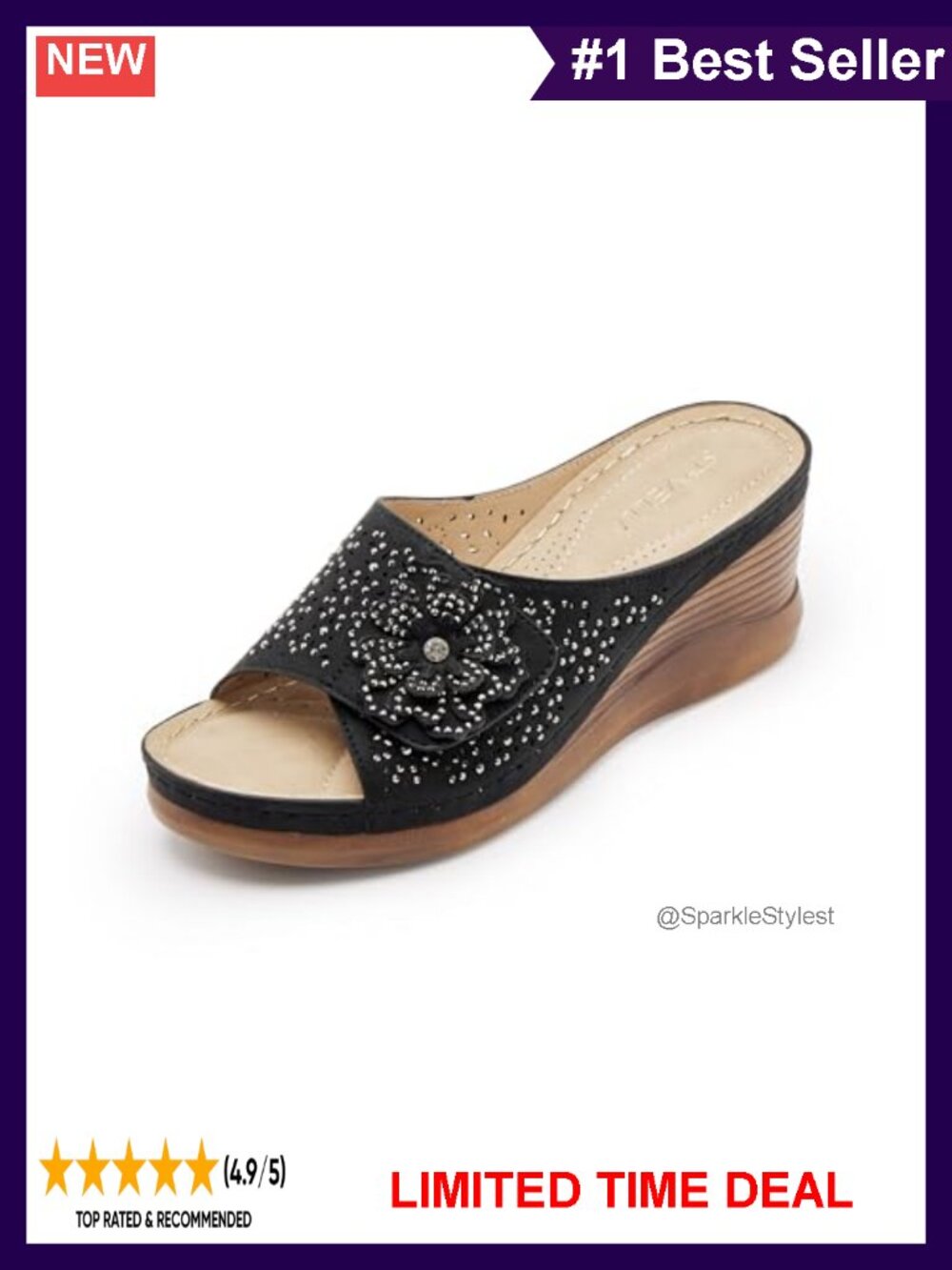 Women's Rhinestone Wedge Sandals Open Toe Slip On Platform Faux Leather